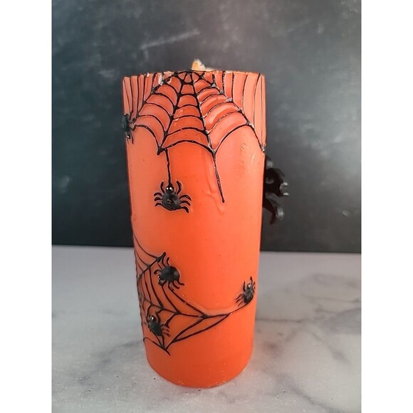 Happy Halloween Spider Black And Orange Pillar Candle - Picture 7 of 11